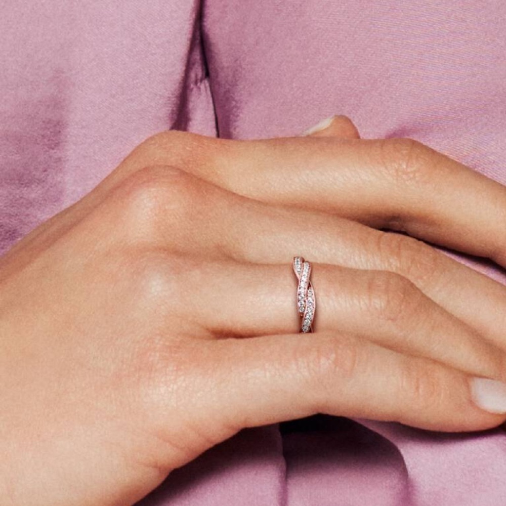 Pandora Rose Gold Twisted Pavé Ring with Clear Stones